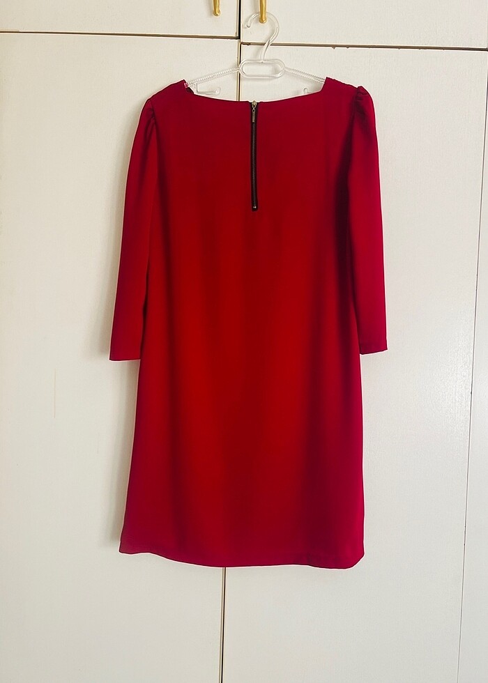 Koyu Kırmızı Kare Yaka Mini Elbise 40 Beden - Görsel 2