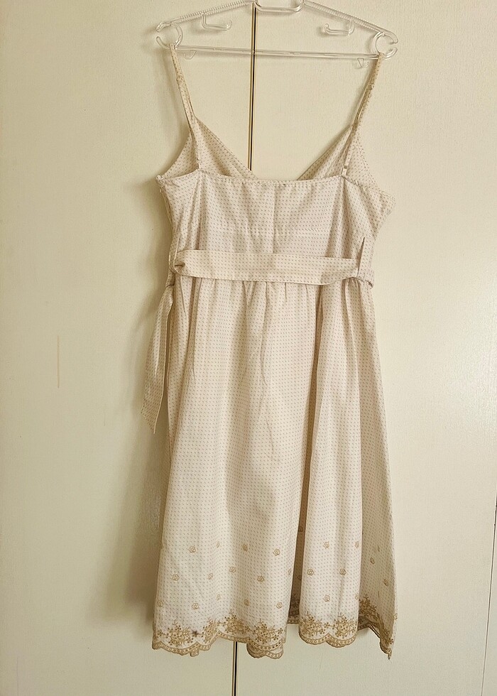 Krem etek ucu nakışlı İp askılı kuşaklı kloş elbise L-XL uyumlu - Görsel 3