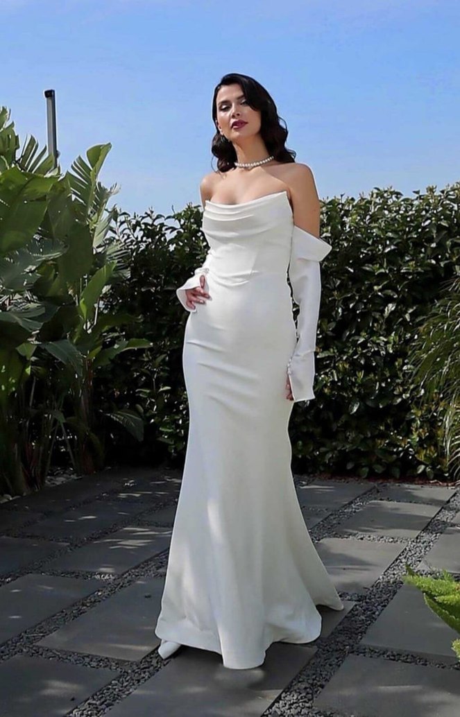 Beyaz Drapeli Straplez Uzun Abiye - Görsel 2