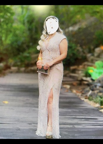 Pembe İşlemeli Boncuklu V Yakalı Uzun Abiye AlfaBeta - Görsel 3