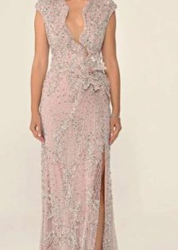 Pembe İşlemeli Boncuklu V Yakalı Uzun Abiye AlfaBeta - Görsel 4