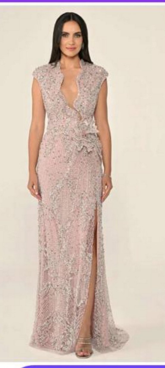 Pembe İşlemeli Boncuklu V Yakalı Uzun Abiye AlfaBeta - Görsel 4