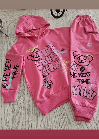 6 Yaş Beden pembe Renk Renkli Baskılı Pembe Kapüşonlu Sweatshirt