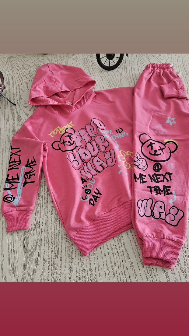 Renkli Baskılı Pembe Kapüşonlu Sweatshirt - Görsel 4