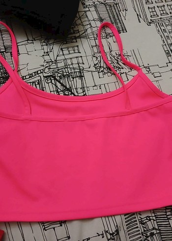 s Beden pembe Renk Pembe İnce Askılı Crop Top