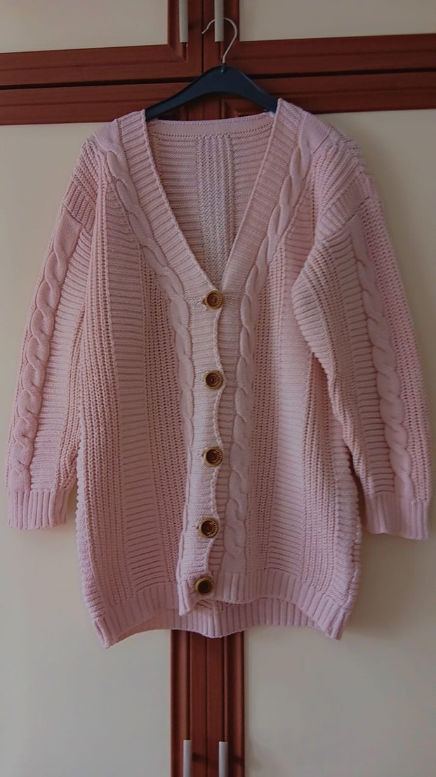 Düğmeli Pembe Midi Uzun Kollu Triko Hırka - Görsel 3