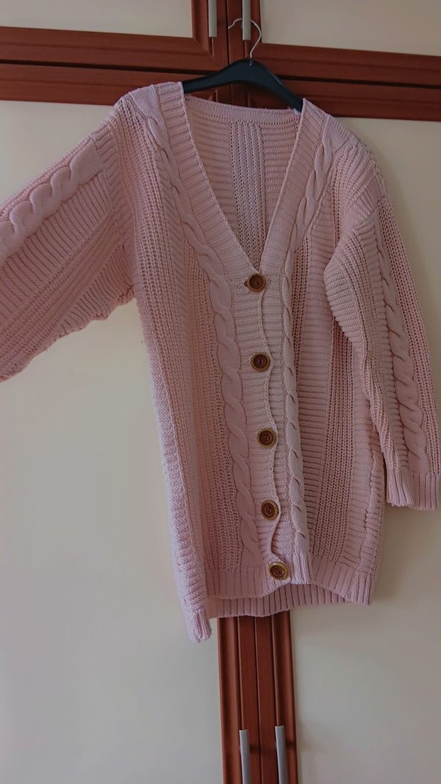 Düğmeli Pembe Midi Uzun Kollu Triko Hırka - Görsel 2