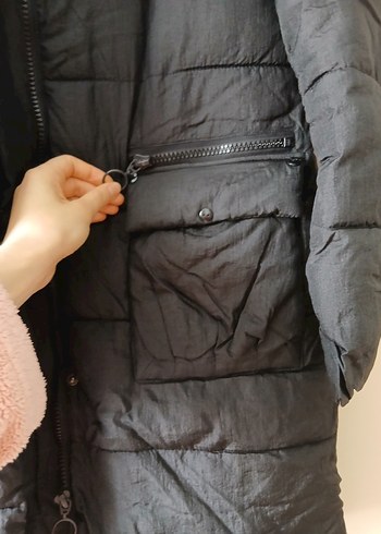 Siyah Kadın Midi Kaban, Kürklü Kapüşonlu - Görsel 6