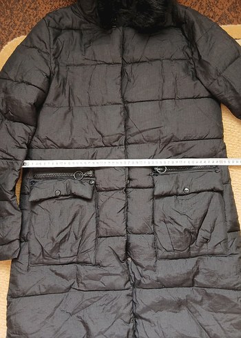 Siyah Kadın Midi Kaban, Kürklü Kapüşonlu - Görsel 9