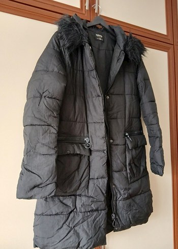 Siyah Kadın Midi Kaban, Kürklü Kapüşonlu - Görsel 2