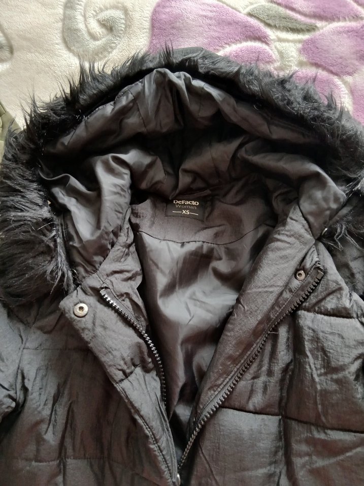 Siyah Kadın Midi Kaban, Kürklü Kapüşonlu - Görsel 5