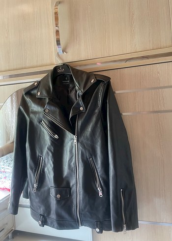 Siyah Deri Biker Ceket Kadın