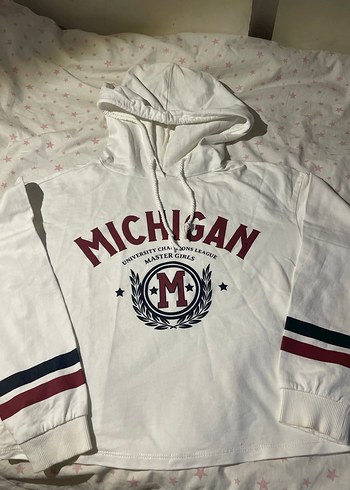 Beyaz Michigan Baskılı Kapüşonlu Sweatshirt
