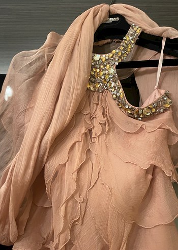 Gül kurusu renkli Uzun Kat Kat Abiye Elbise - Görsel 5