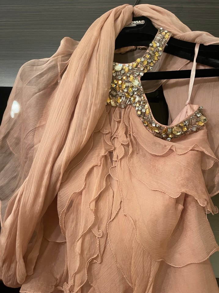 Gül kurusu renkli Uzun Kat Kat Abiye Elbise - Görsel 5