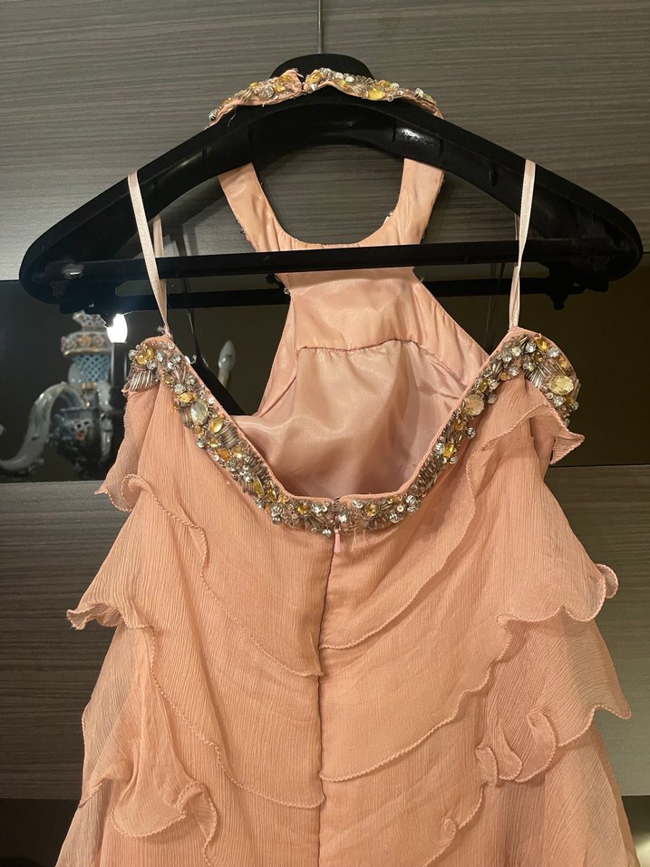 Gül kurusu renkli Uzun Kat Kat Abiye Elbise - Görsel 3