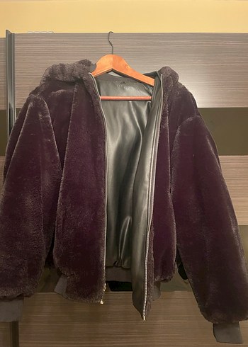 Siyah Kapüşonlu Kadın Peluş deri Ceket - Görsel 2