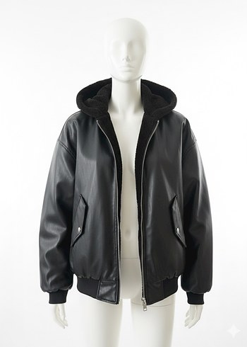 Siyah Kapüşonlu Kadın Peluş deri Ceket - Görsel 4