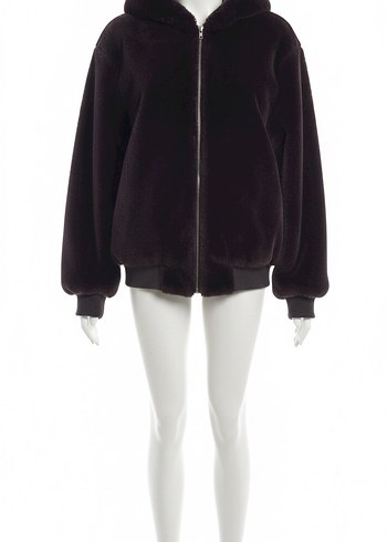 Siyah Kapüşonlu Kadın Peluş deri Ceket - Görsel 3