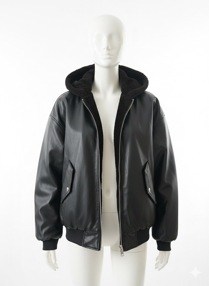 Siyah Kapüşonlu Kadın Peluş deri Ceket - Görsel 4