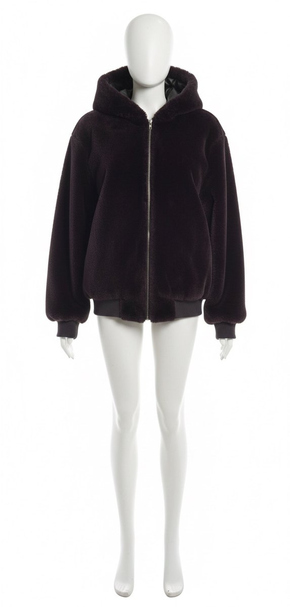 Siyah Kapüşonlu Kadın Peluş deri Ceket - Görsel 3