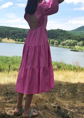 Pembe V Yaka Uzun Bohem Elbise - Görsel 6