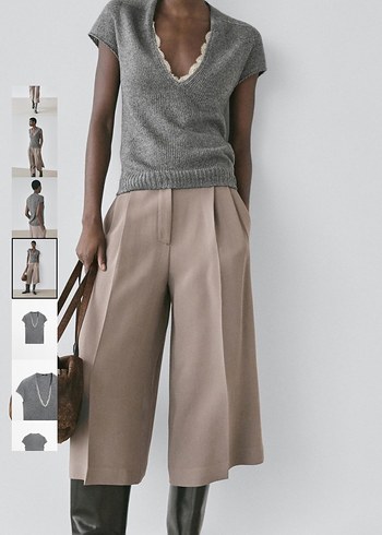 Massimo Dutti V Yaka Gri Kisa Triko Suveter