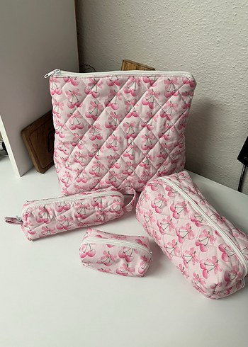 Pembe Kiraz Desenli Çanta Seti