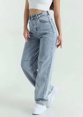 Buz Mavisi Tokalı Cepli Baggy Kadın Kot Pantolon - Görsel 2