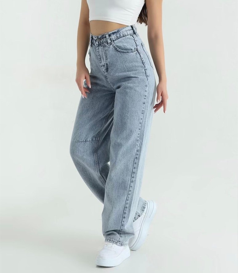 Buz Mavisi Tokalı Cepli Baggy Kadın Kot Pantolon - Görsel 2