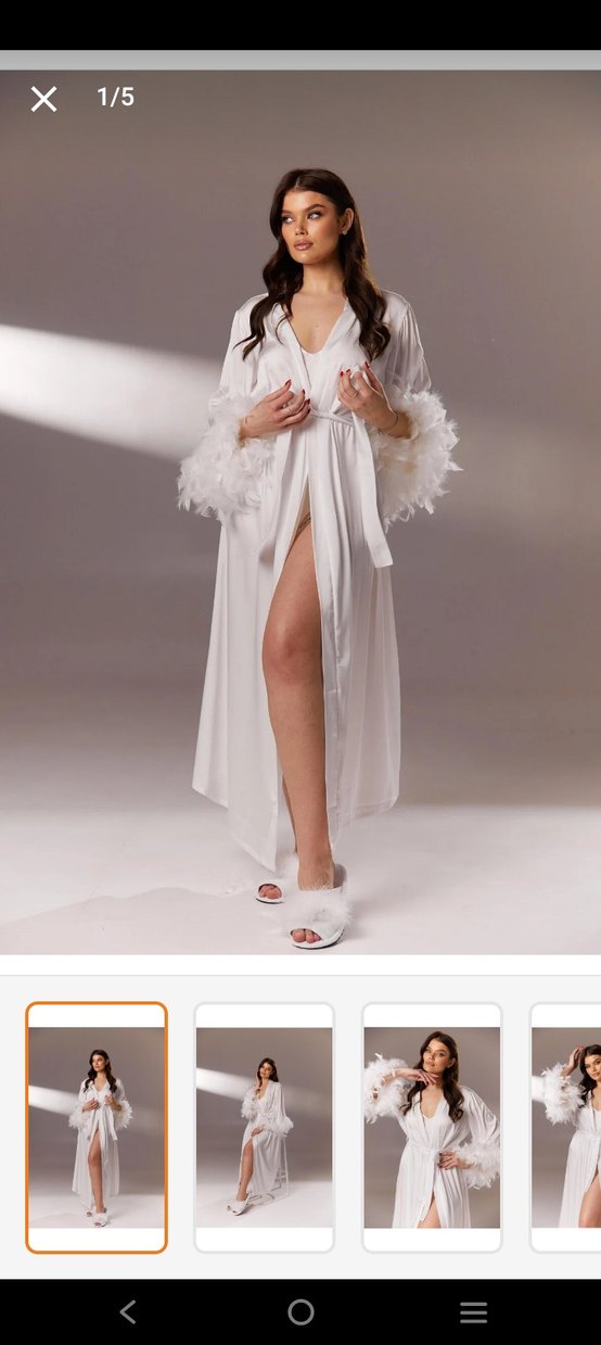 Uzun Beyaz Kadın Sabahlık Tüy Detaylı - Görsel 4