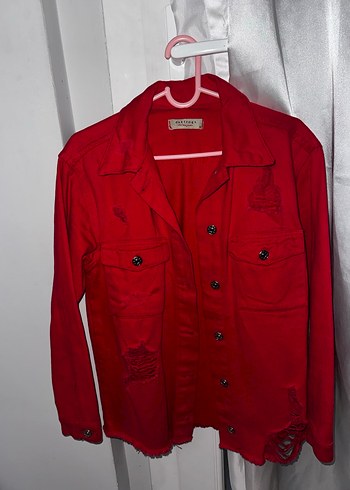 Düğmeli Kırmızı Kadın Denim Ceket - Görsel 3