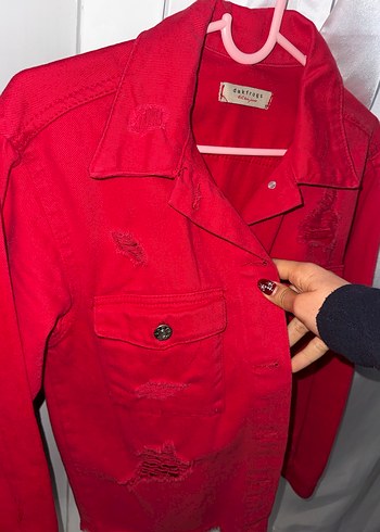 Düğmeli Kırmızı Kadın Denim Ceket - Görsel 5