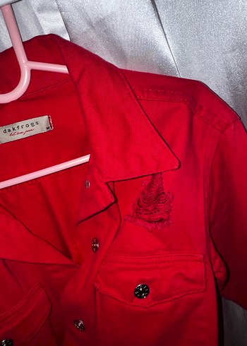 Düğmeli Kırmızı Kadın Denim Ceket - Görsel 7