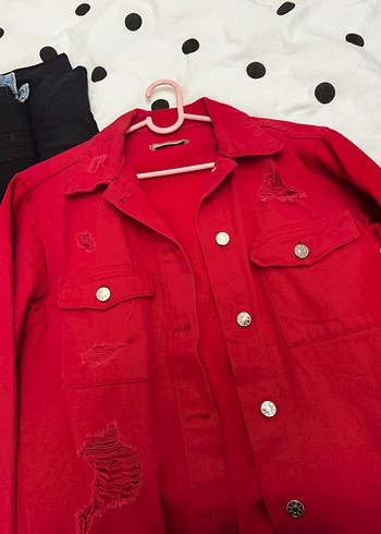Düğmeli Kırmızı Kadın Denim Ceket - Görsel 11