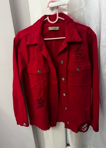 Düğmeli Kırmızı Kadın Denim Ceket - Görsel 2