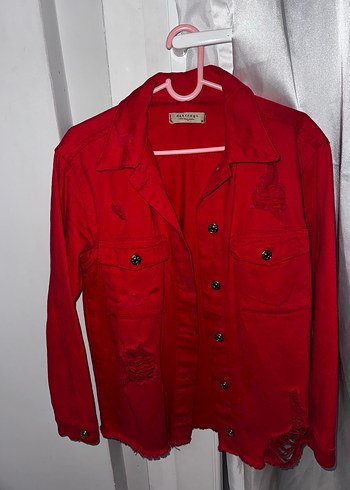 Düğmeli Kırmızı Kadın Denim Ceket - Görsel 4