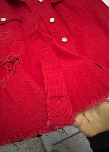 Düğmeli Kırmızı Kadın Denim Ceket - Görsel 13