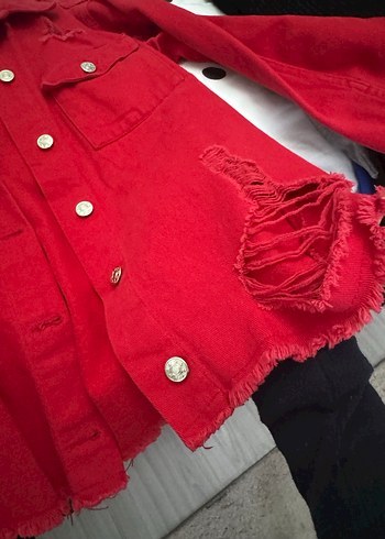 Düğmeli Kırmızı Kadın Denim Ceket - Görsel 12