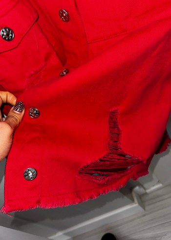 Düğmeli Kırmızı Kadın Denim Ceket - Görsel 6