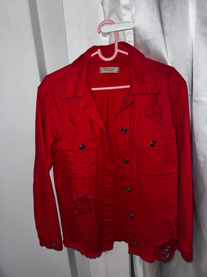 Düğmeli Kırmızı Kadın Denim Ceket - Görsel 3