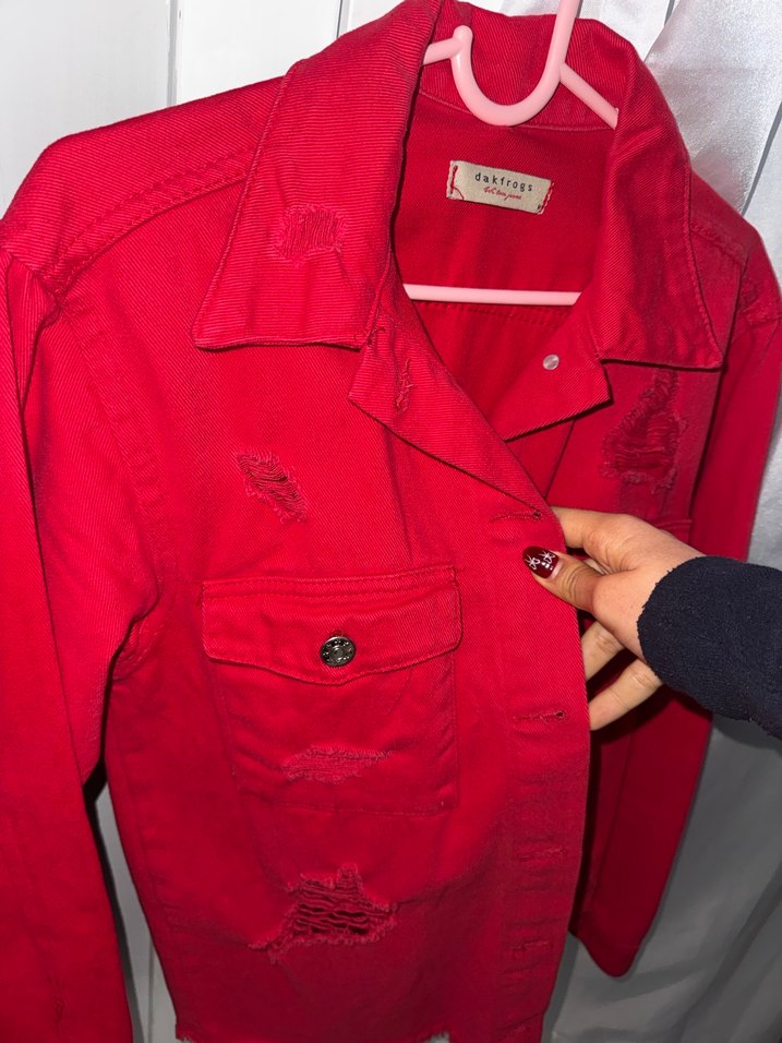 Düğmeli Kırmızı Kadın Denim Ceket - Görsel 5