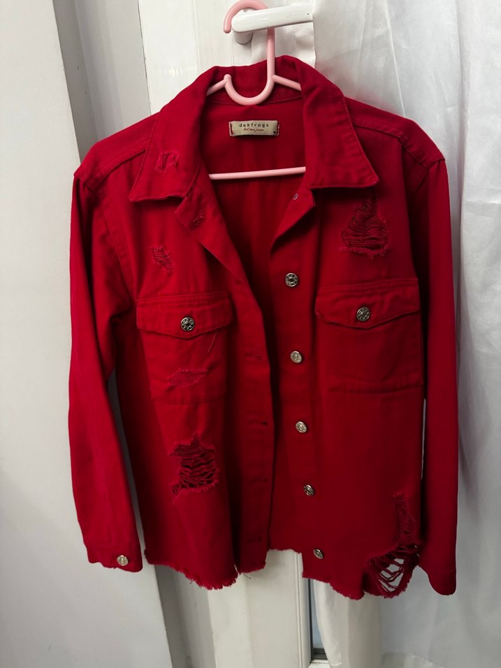 Düğmeli Kırmızı Kadın Denim Ceket - Görsel 2