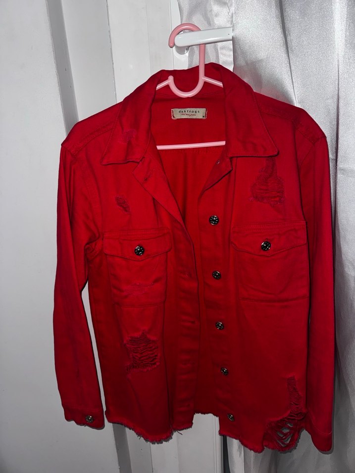 Düğmeli Kırmızı Kadın Denim Ceket - Görsel 4