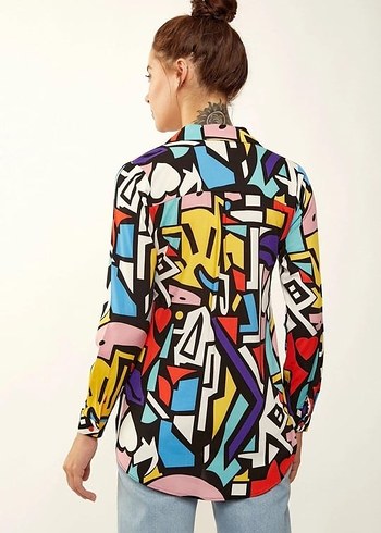 Renkli Pop Art Desenli Kadın Gömlek - Görsel 3