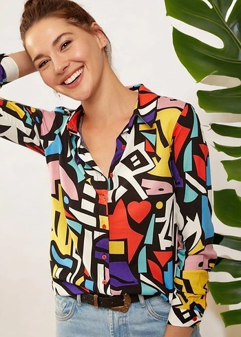 Renkli Pop Art Desenli Kadın Gömlek - Görsel 2