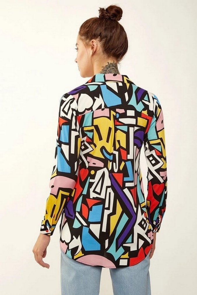 Renkli Pop Art Desenli Kadın Gömlek - Görsel 3