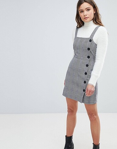 Bershka Önü Düğmeli Kareli Mini Elbise