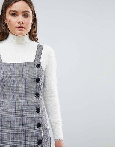 Bershka Bershka Önü Düğmeli Kareli Mini Elbise