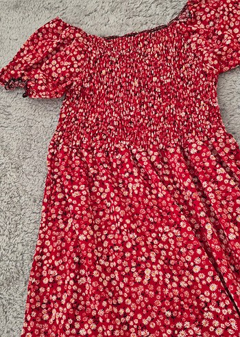 Kırmızı Çiçek Desenli Bohem Elbise - Görsel 3